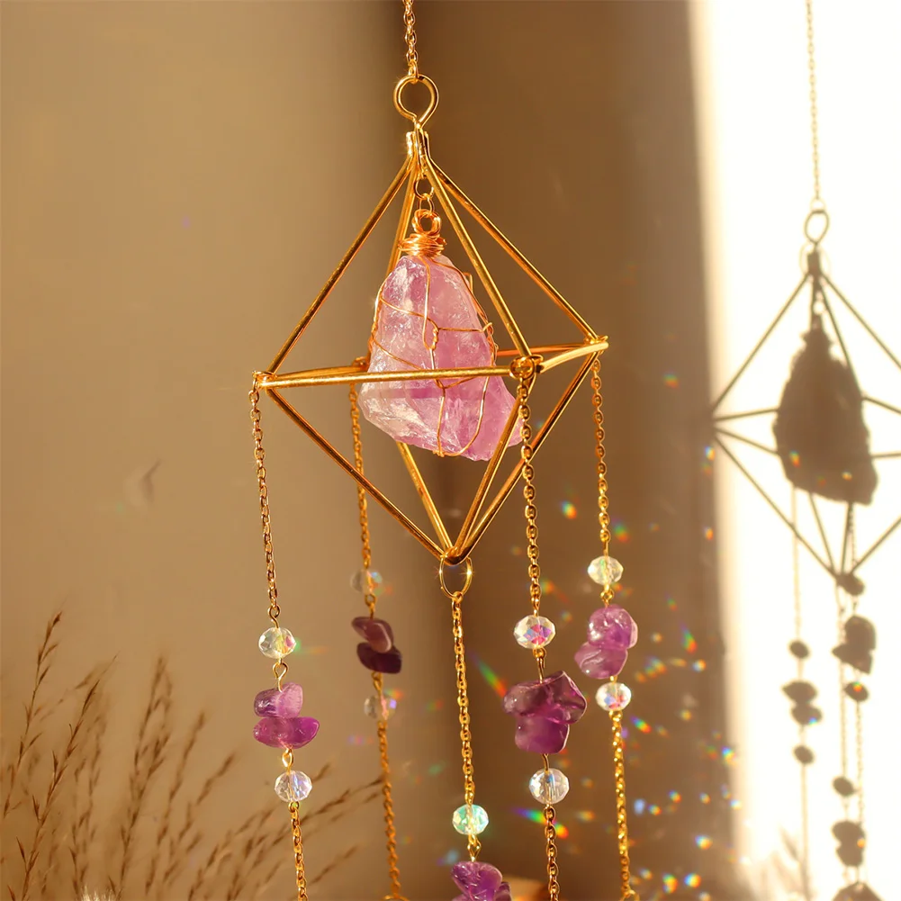 Crystal Wind Chimes Natural Stone Prism Light Catcher Garden Decor (Purple)