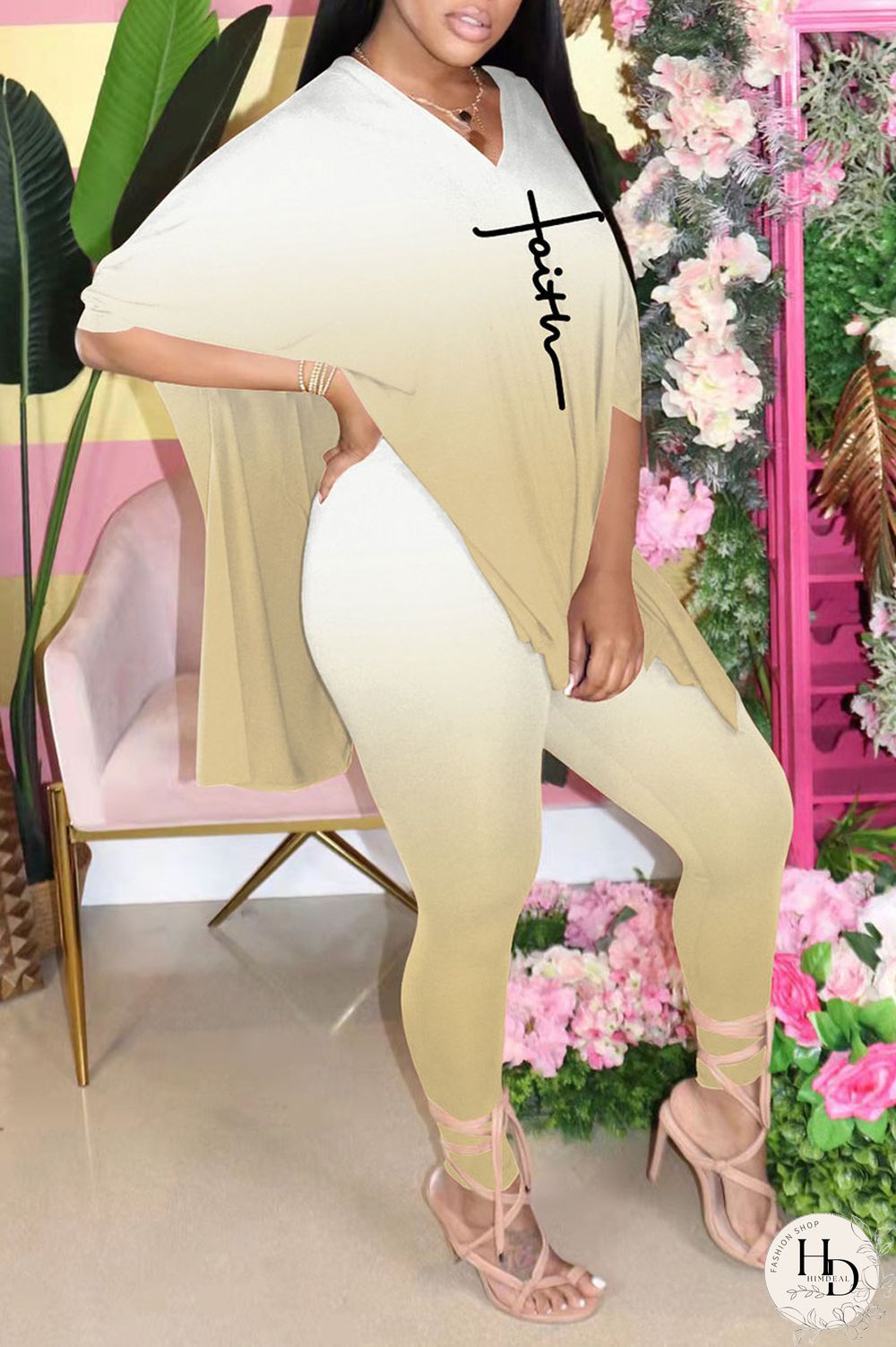 Blue Casual Gradual Change Print Patchwork Slit V Neck Half Sleeve Two Pieces