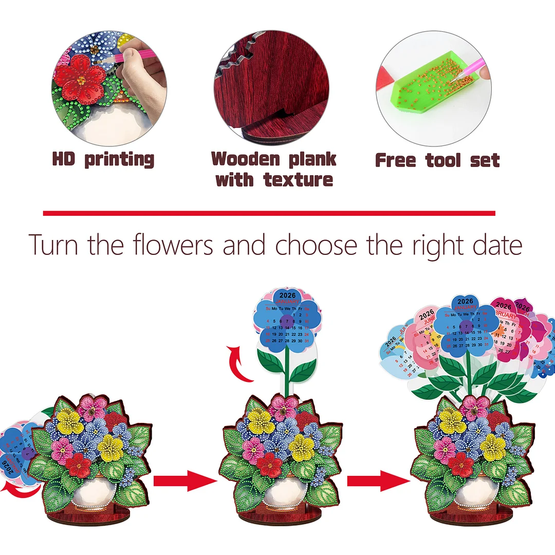 2026 Calendar DIY Diamond Art Kit Flower Pot Wooden Diamond Painting Calendar