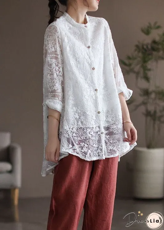 Stylish White Stand Collar Embroideried Patchwork Lace Shirt Tops Long Sleeve