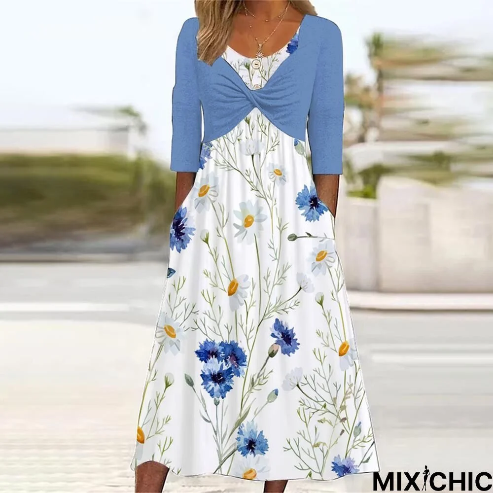 Women's Casual Dress Summer Dress Print Dress Floral Ruched Fake two piece Crew Neck Midi Dress Fashion Modern Outdoor Daily Half Sleeve Regular Fit Green Spring Summer S M L XL XXL