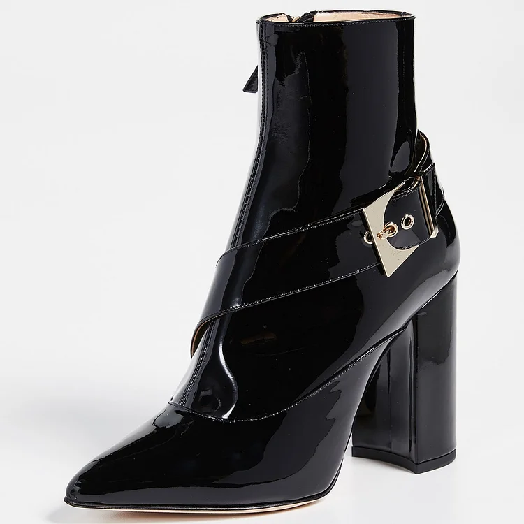 Black Patent Leather Buckle Ankle Boots Chunky Heel Boots with Zip |FSJ Shoes