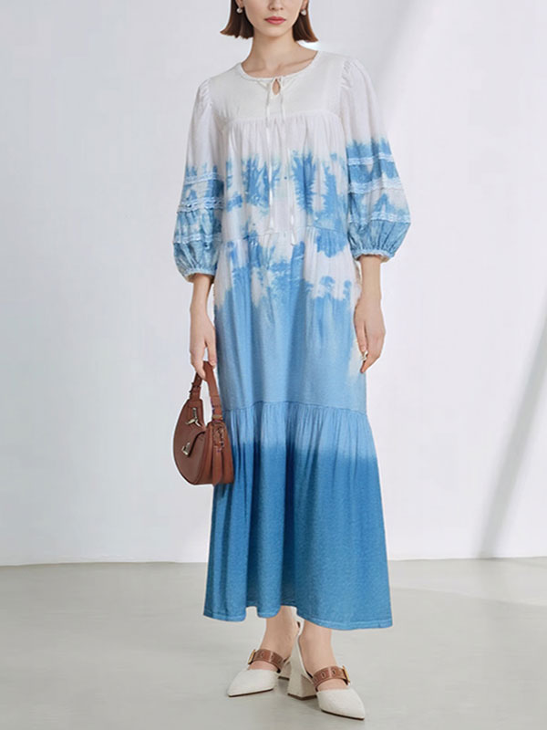 Hand-tie-dyed Long Sleeve Front Ties Midi Dress