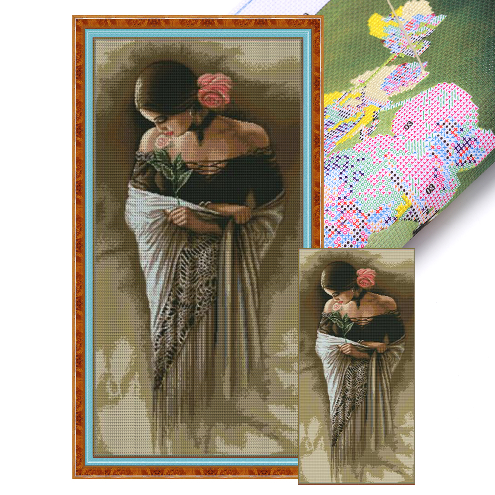 【Joy Sunday】Beautiful girl smelling flowers Partial 14CT Pre-stamped Canvas(41*80cm) CrossStitch(backstitch)