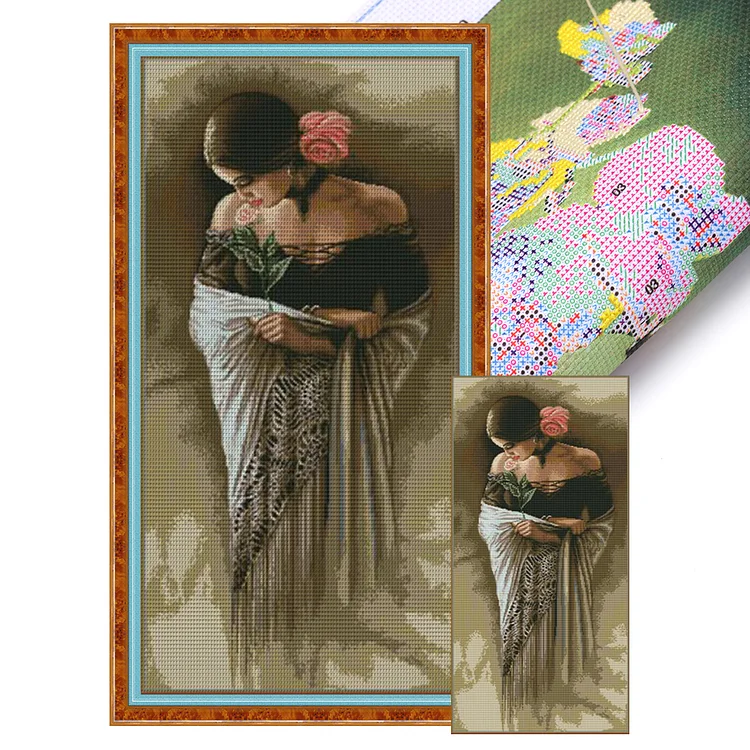 Joy Sunday- Beautiful girl smelling flowers- 14CT - 2 Strands Threads Printed Cross Stitch - 41*80cm(Canvas)