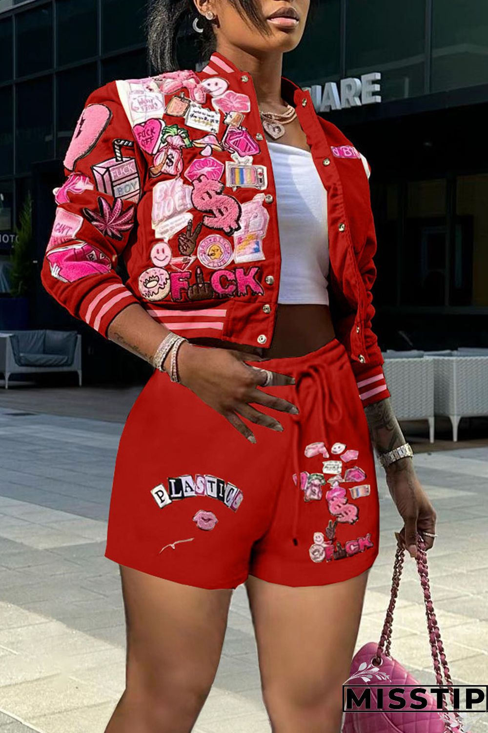 Cream White Casual Print Patchwork Buckle Long Sleeve Two Pieces