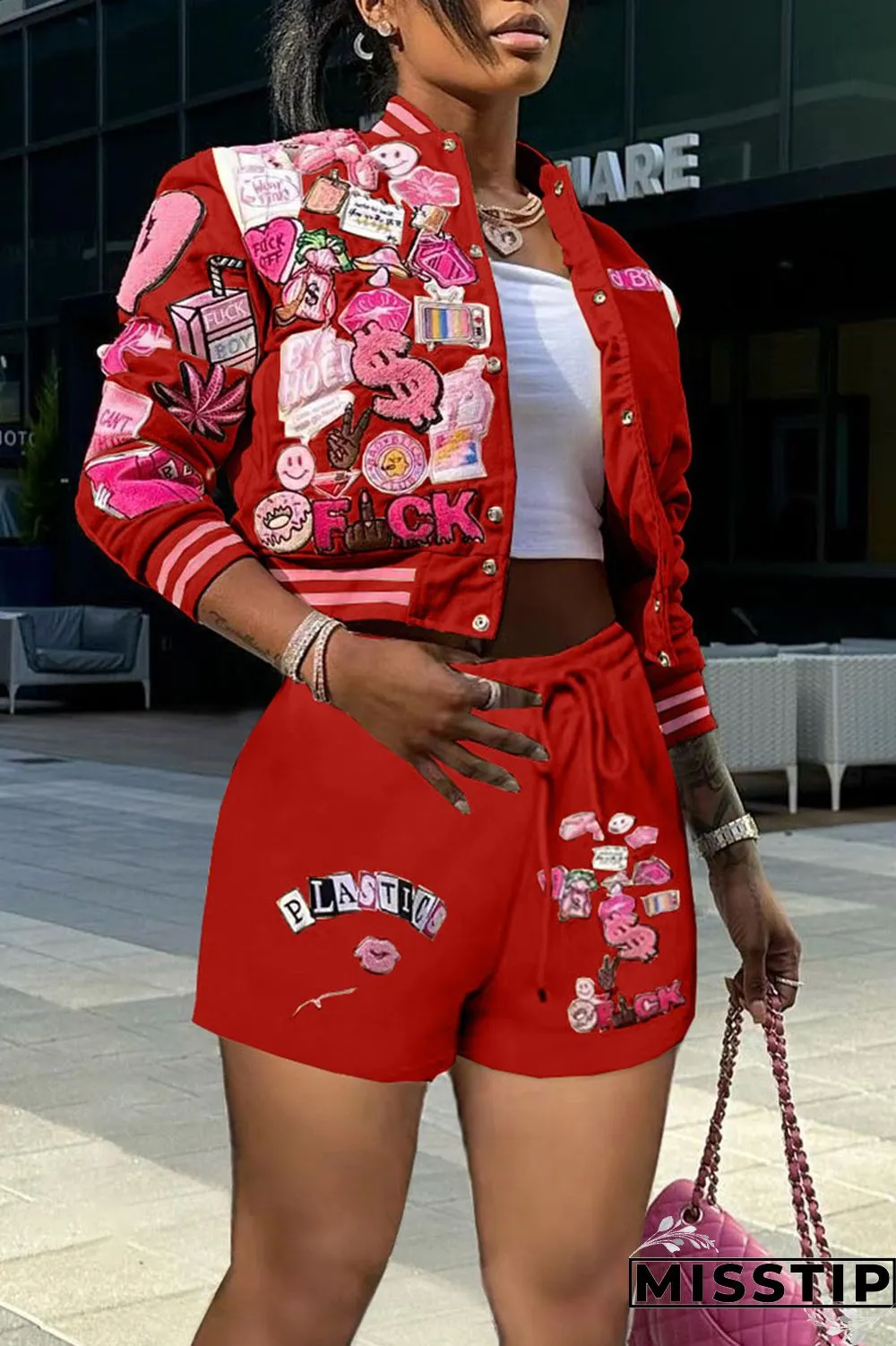 Cream White Casual Print Patchwork Buckle Long Sleeve Two Pieces