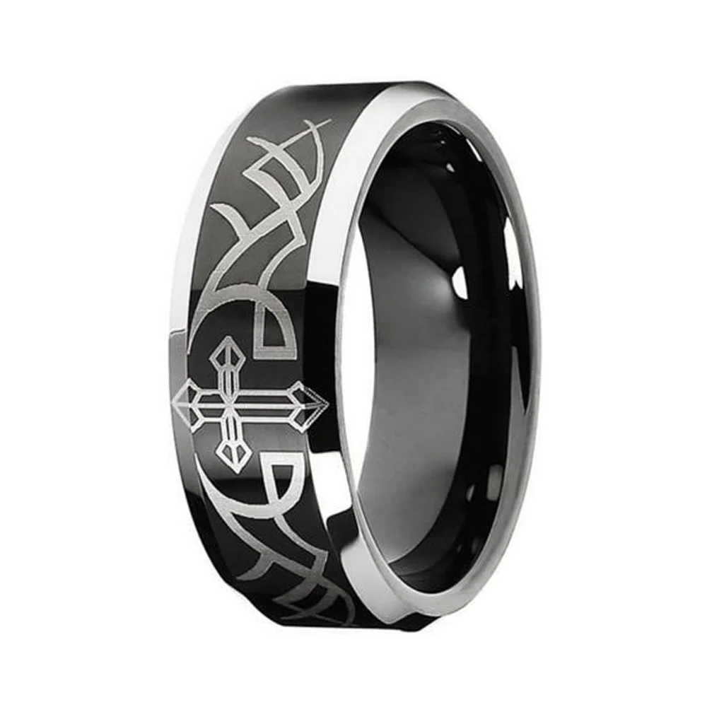 6MM 8MM Black Cross Tungsten Mens Rings Silver Laser Pattern Polished Finished
