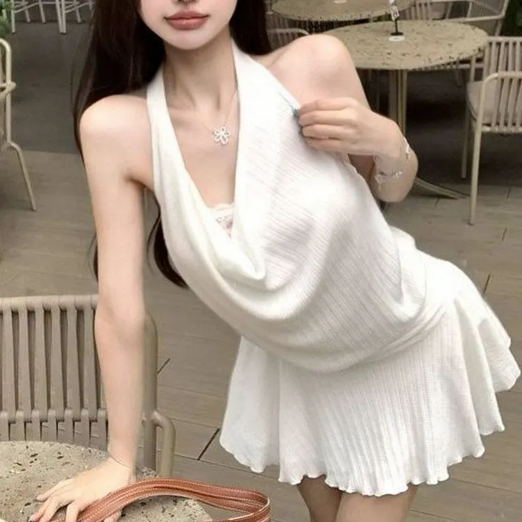 Spring Summer Knit Dress with Lace Halter Neck and Belted Waist