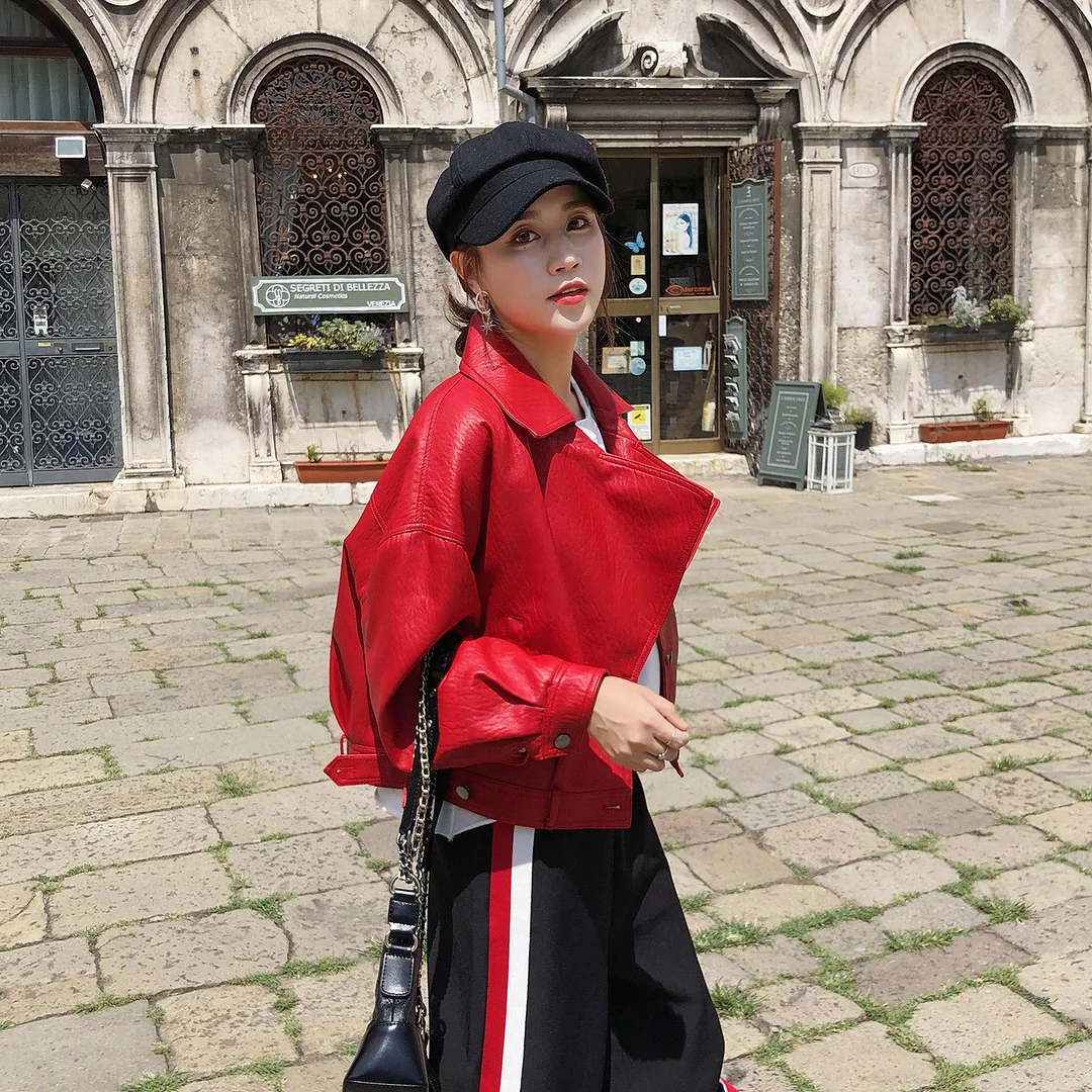 Ftlzz Autumn Faux Leather Jacket Women Loose Turndown Collar Single Breasted Motorcycle Leather Coats Moto Jacket Women