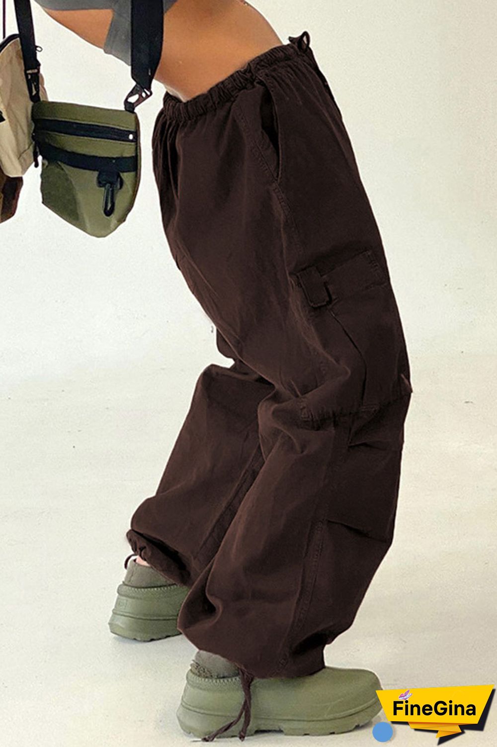 Brown Casual Street Solid Patchwork Pocket Loose Low Waist Wide Leg Solid Color Bottoms