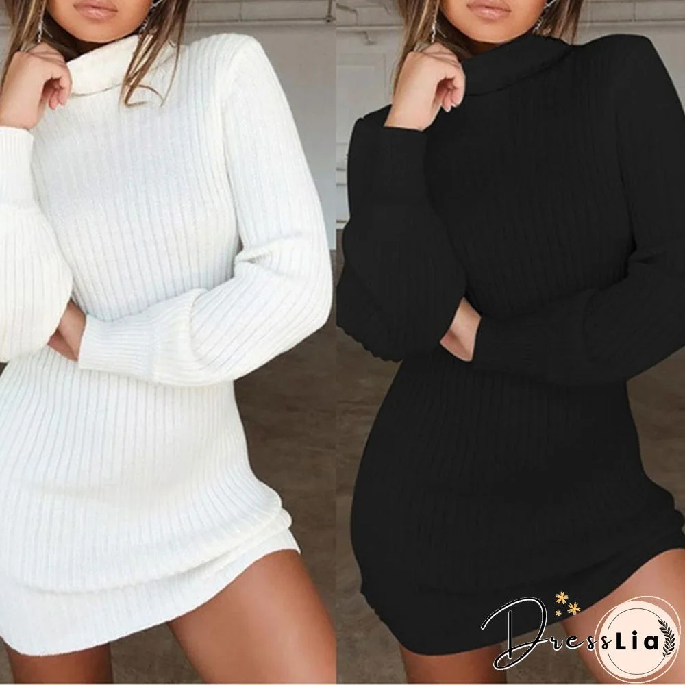 Women Autumn and Winter Long Sleeve Knitted Sweater Dress Ladies Fashion Keep Warm Knitting High Collar Slim Fit Bottoming Mini Knitting Dress