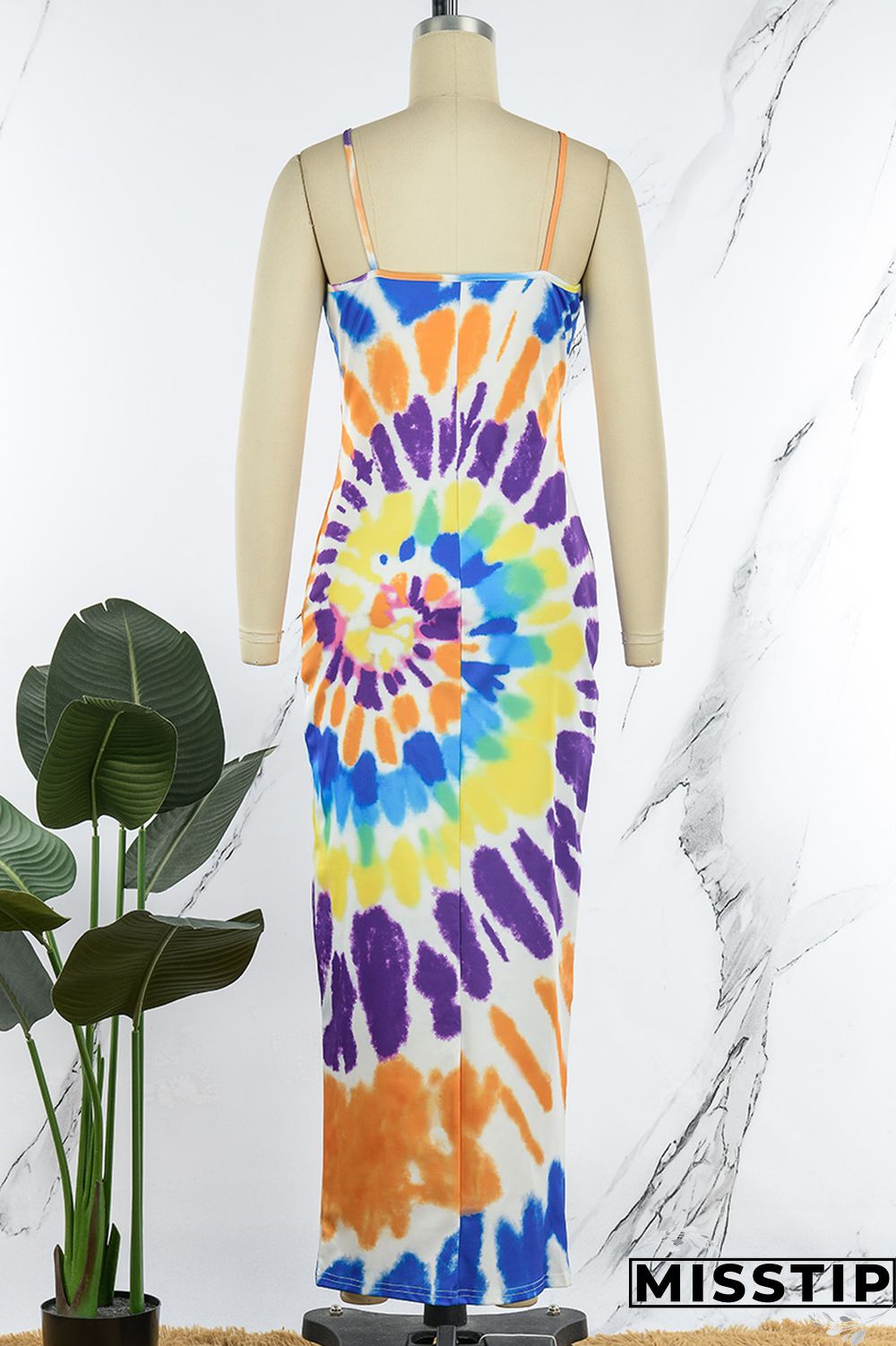 Pink Sexy Print Tie Dye Backless Spaghetti Strap Long Dress Dresses