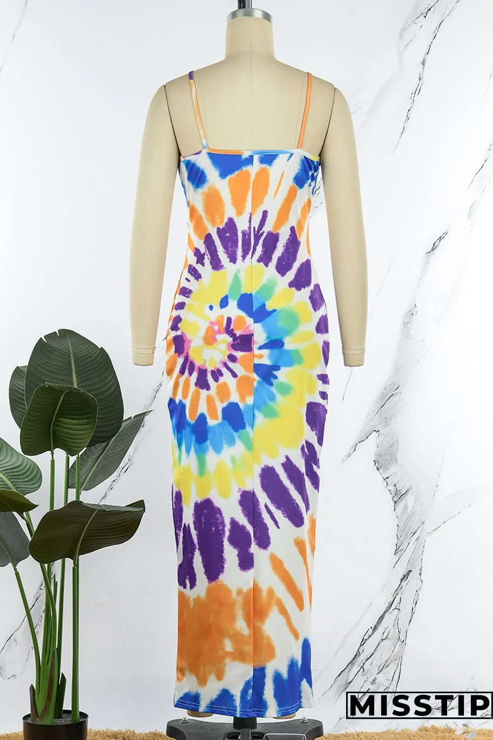 Pink Sexy Print Tie Dye Backless Spaghetti Strap Long Dress Dresses