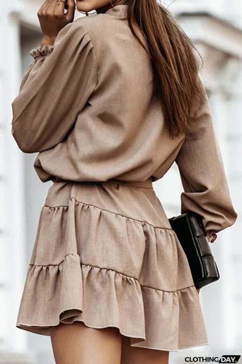 Button Layer Ruffles Long Sleeve Mini Dress