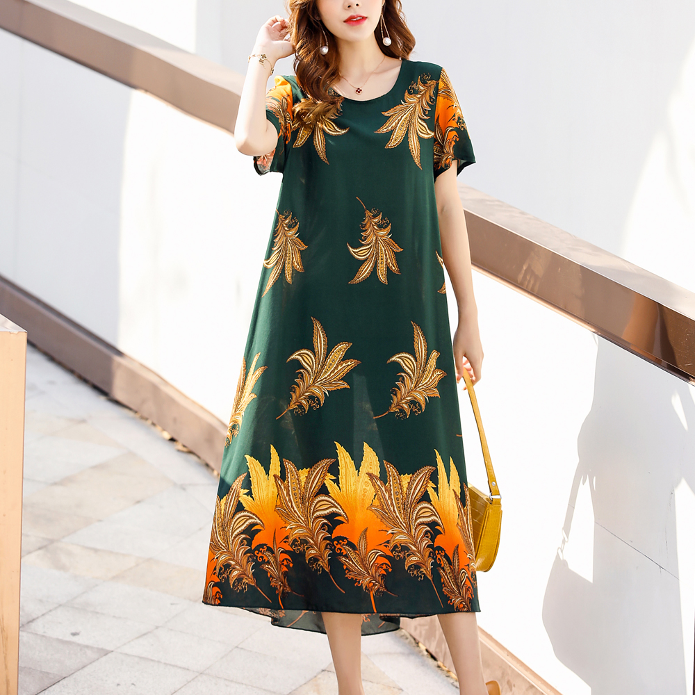 Fashion Vintage Loose Elegant Short Sleeve Casual O-neck Print Floral Dress