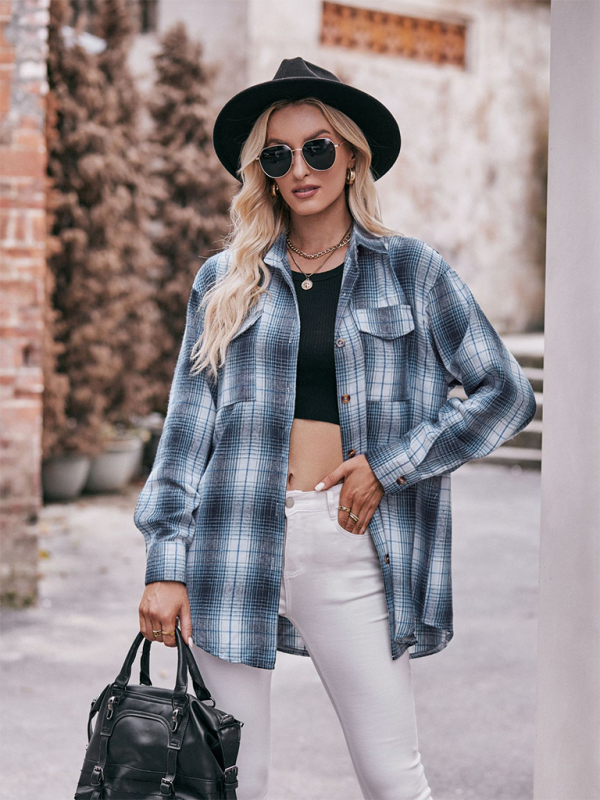 Mature Women Autumn And Winter Casual Fashion Top Oversize Loose Plaid Shirt