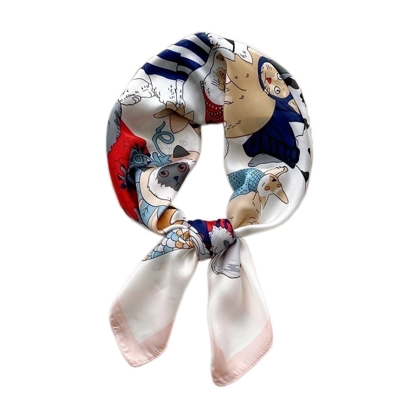 Women’s Sweet Color Block Cat Polyester Printing Silk Scarves
