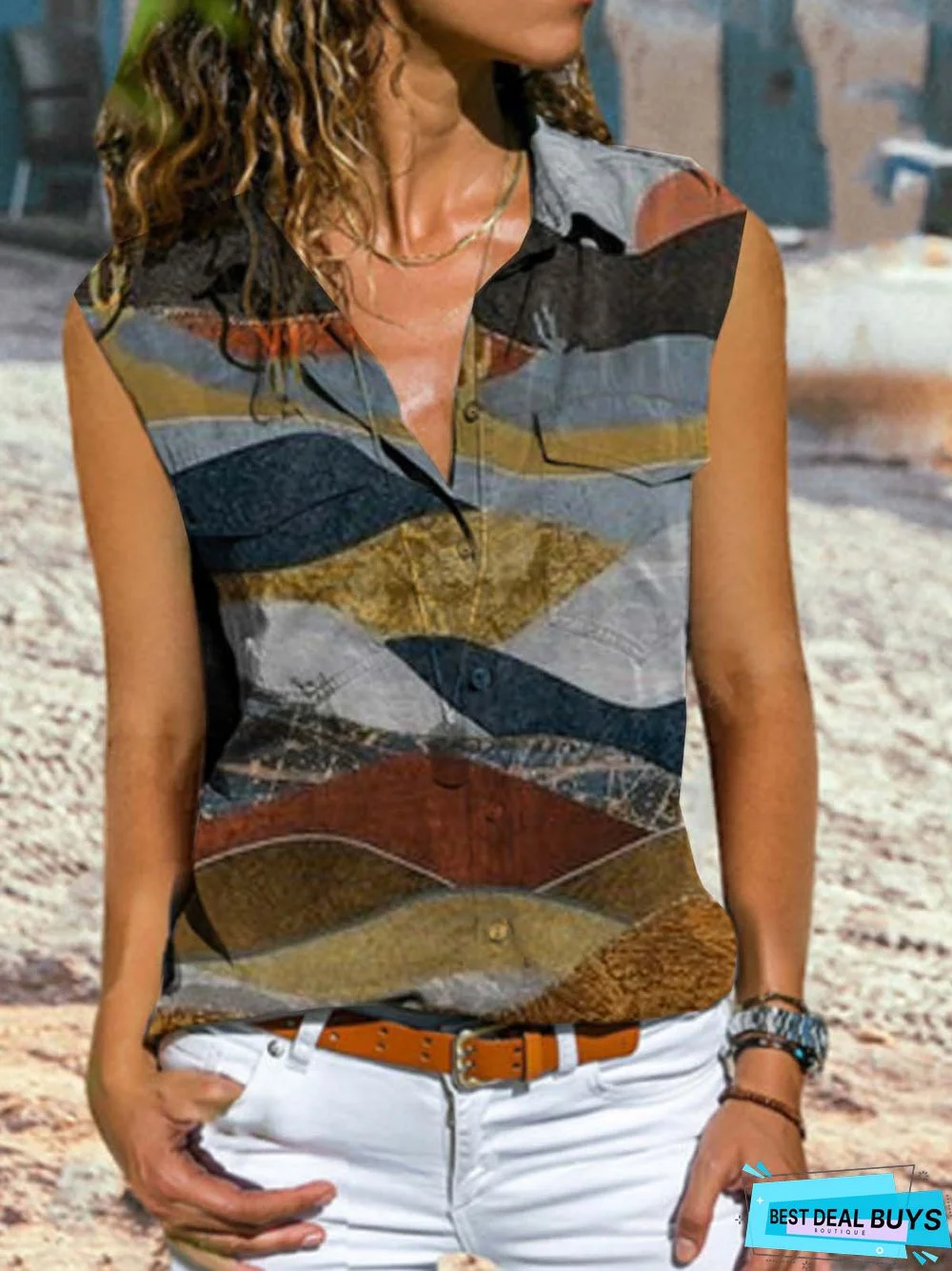 Ombre/Tie-Dye  Sleeveless  Printed  Polyester  Shirt Collar  Casual  Summer  Green Top