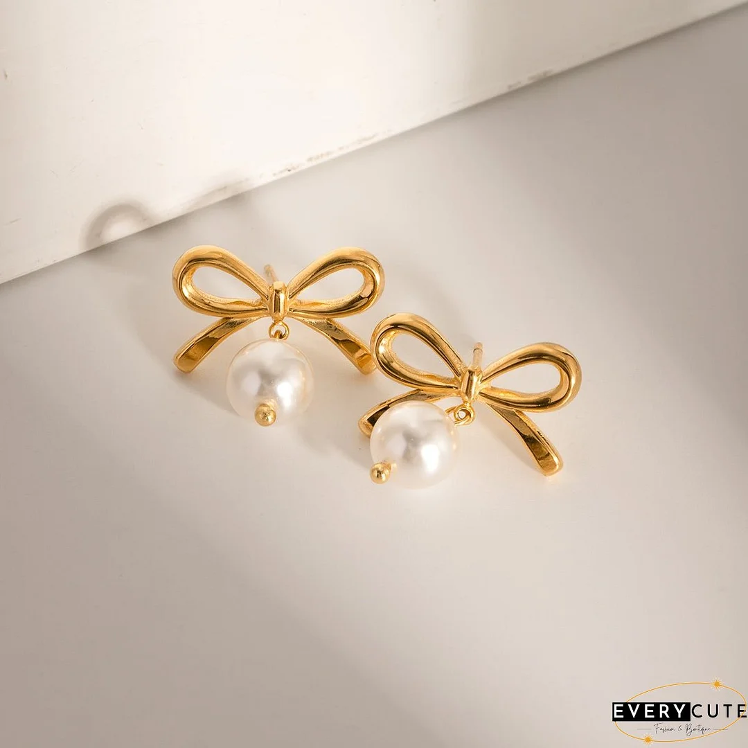 Stainless Steel Bow Pearl Earrings