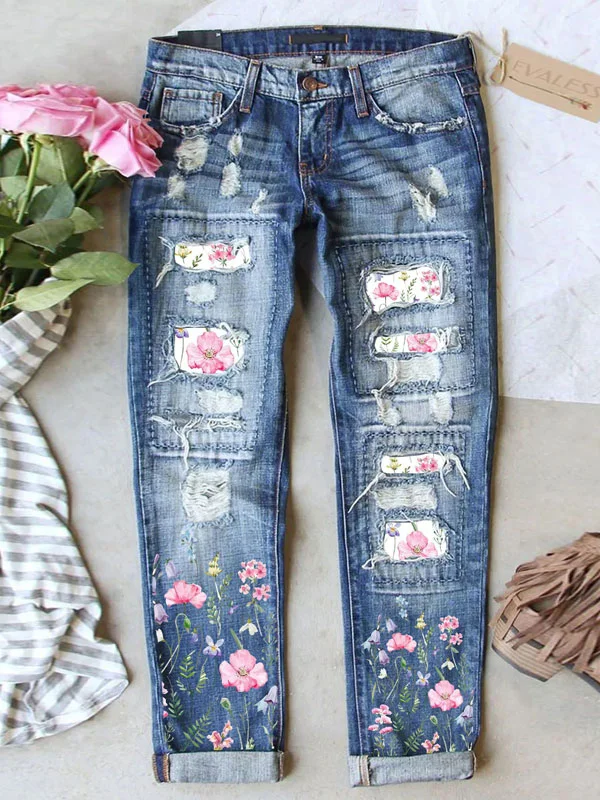 Floral pattern button pocket ripped jeans