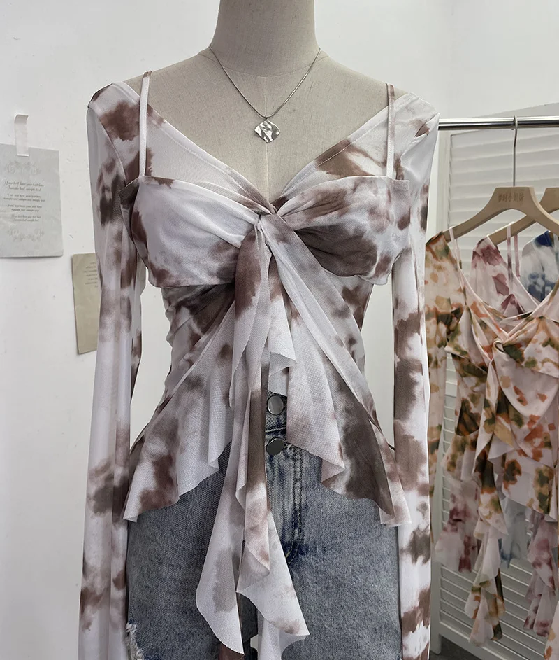 Uveng Irregular Kinking Of The Net Yarn Irregularly Kinked Lotus Lobe Slings Shoulder Horn Sleeve T-Shirt Short Top 2618