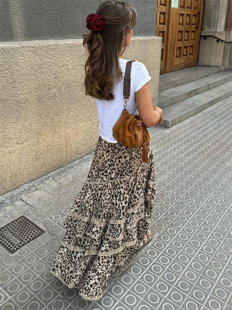 Ootddress Leopard Printed Maxi Skirt Female Ruffled Patchwork Fashion Summer 2025 High Waist Bandage Party Looks Women Long Skirt