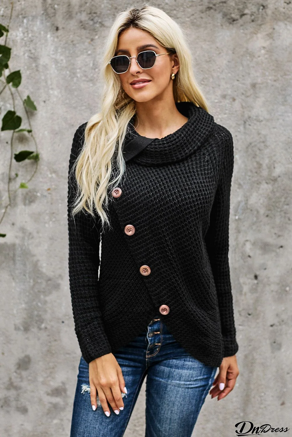 Black Buttoned Wrap Turtleneck Sweater