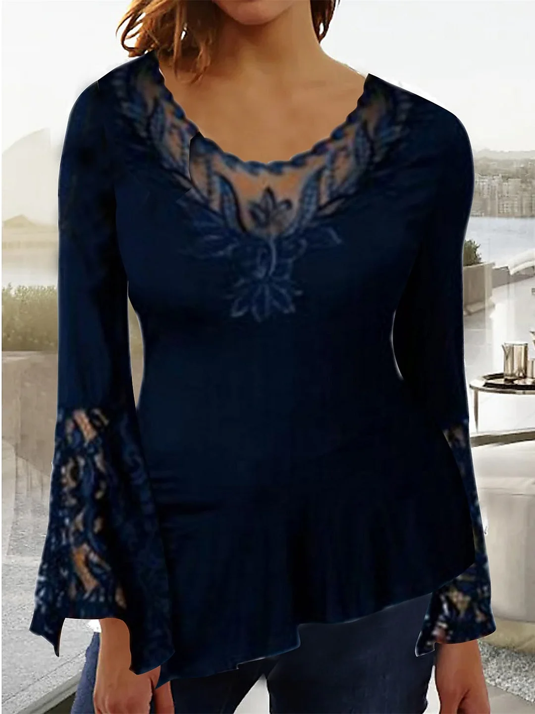 Women Long Sleeve Scoop Neck Lace Stitching Top