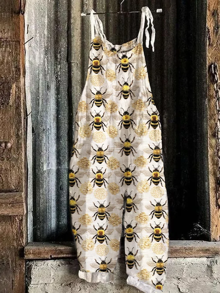 VChics Bee Embroidery Art Linen Blend Jumpsuit