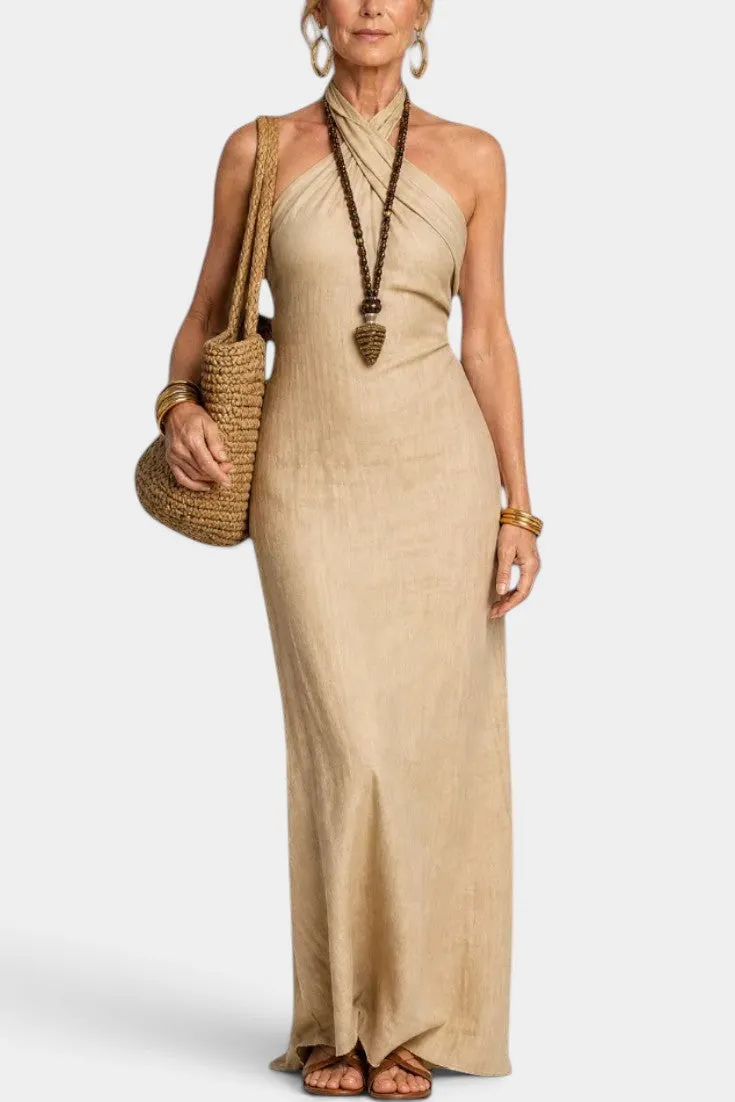 Criss-Cross Halter Maxi Dress with Draped Silhouette