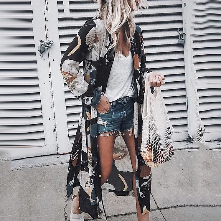 VChics Loose Floral Print Chiffon Kimono
