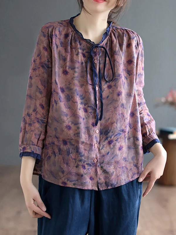 Lace-Up Floral Printed Loose Long Sleeves Round-Neck Blouses&Shirts Tops