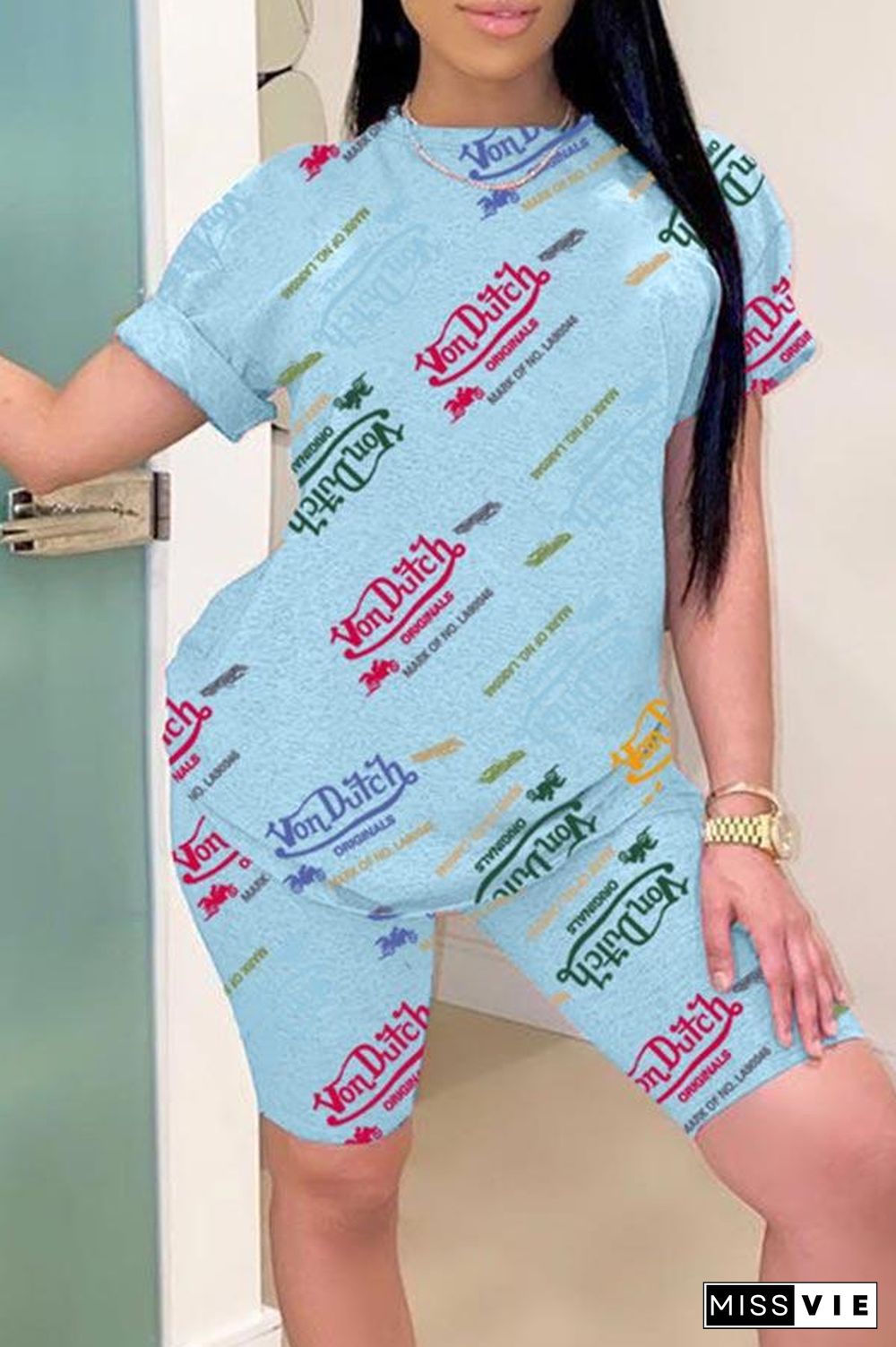 Casual Loose Print Round Neck Shorts Set