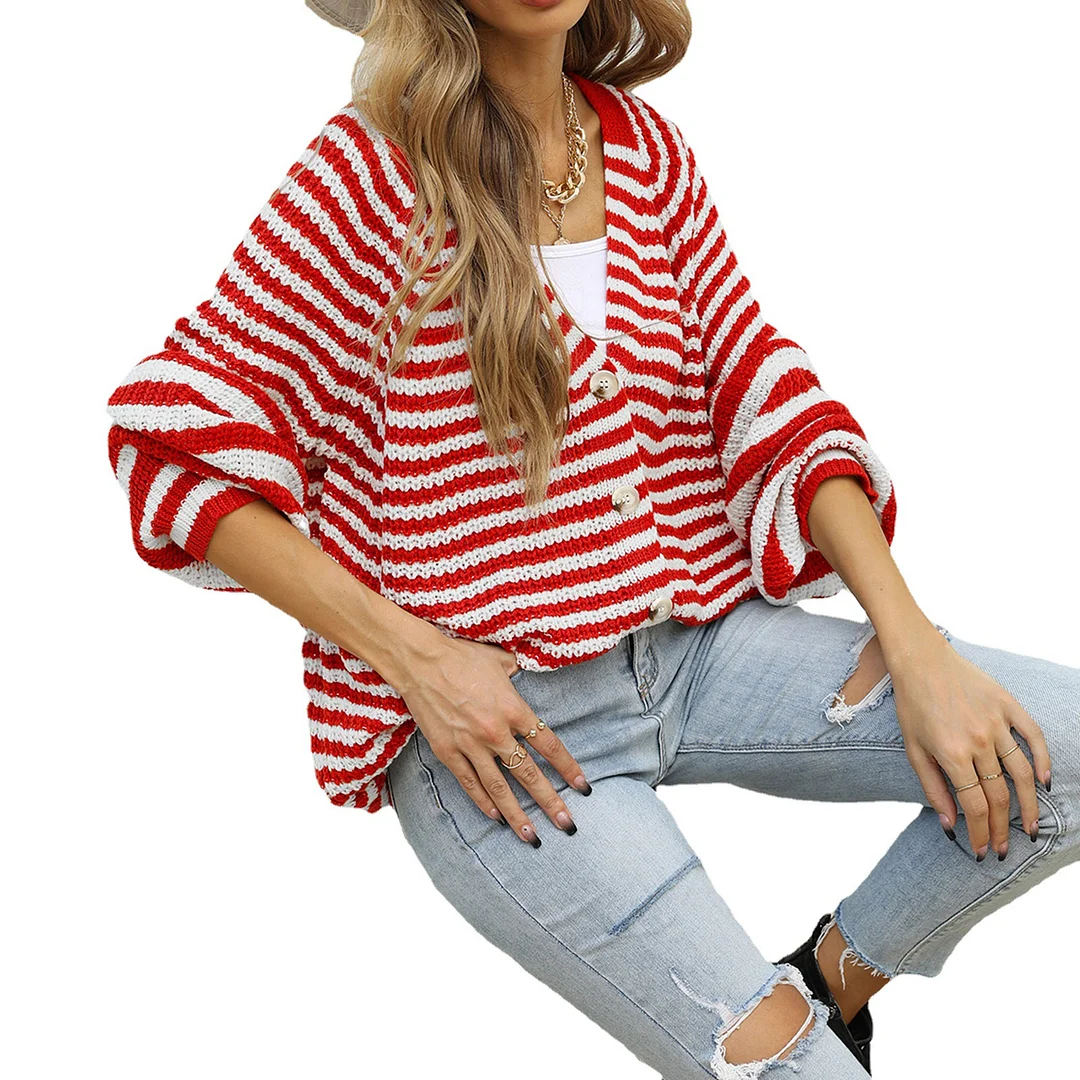 Wongn Wongn Women's Knit Cardigan Button Loose Sweater Long Sleeve Striped Fashion Women's Autumn And Winter Coat Outside