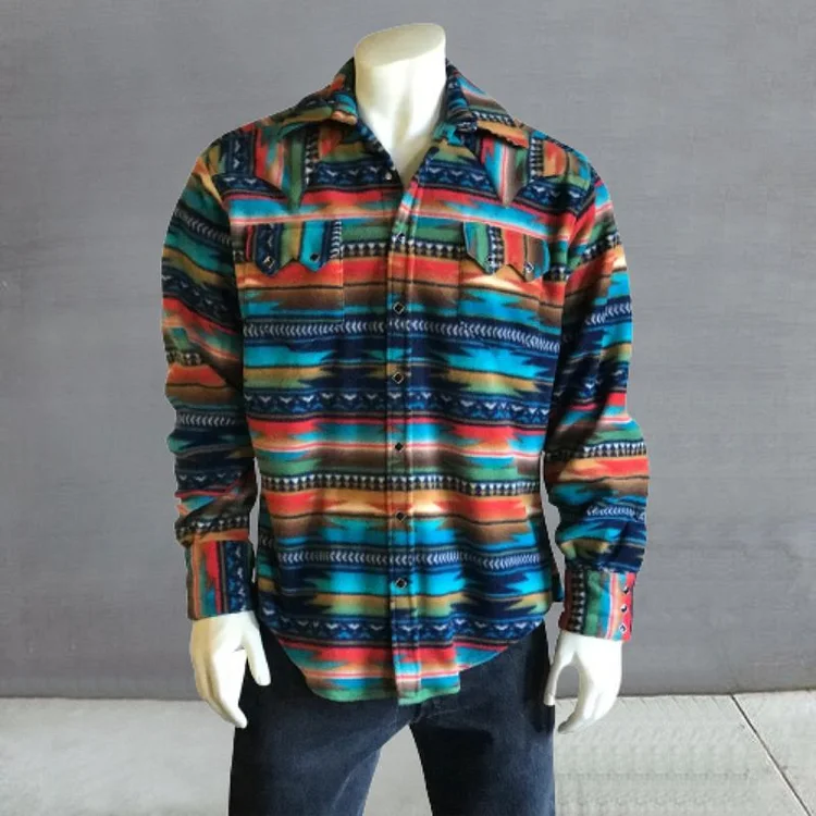 Men's Serape Pattern Fleece Western Shirt in Navy & Blue