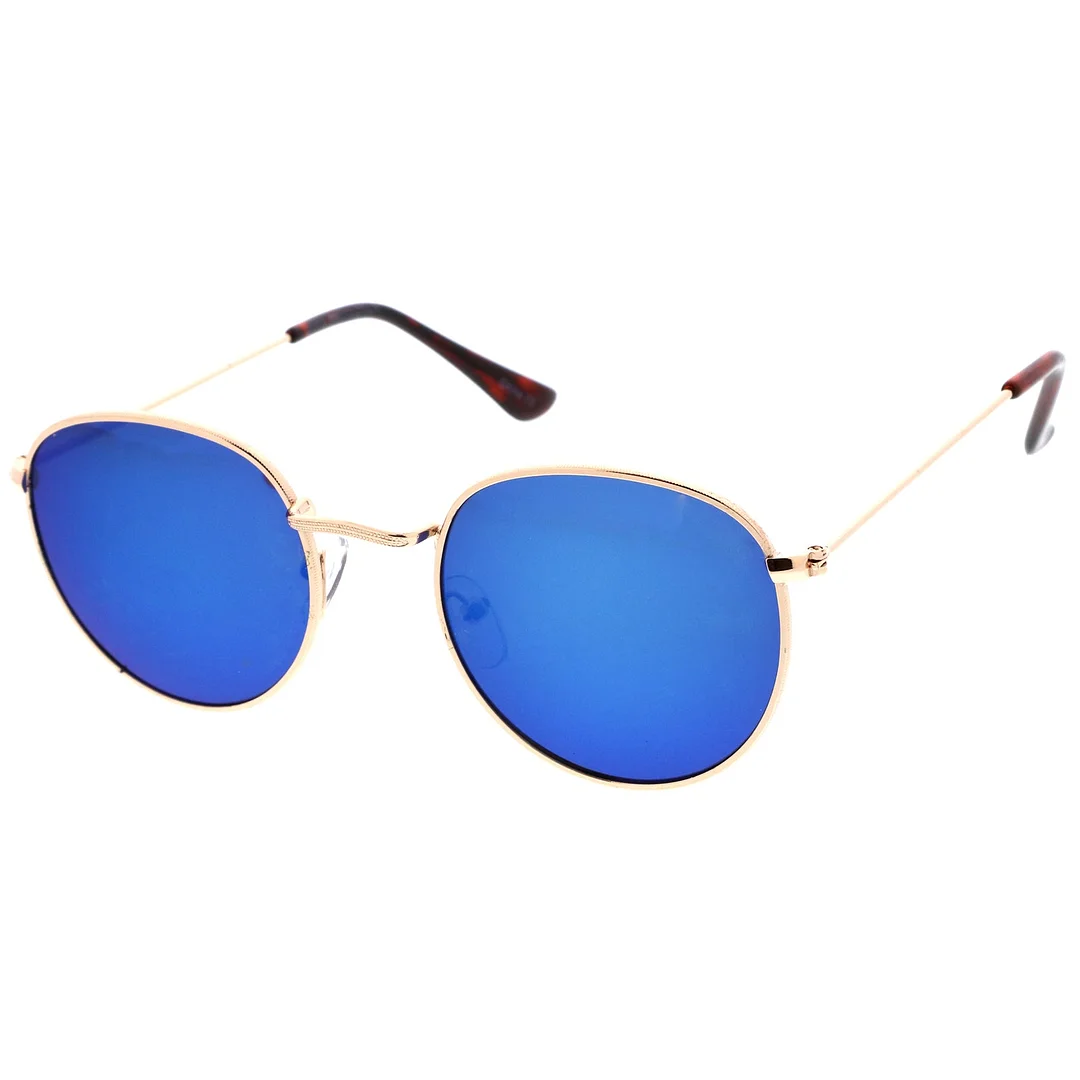 Classic Metal Slim Temple Textured Nose Bridge Mirrored Lens Round glasses 49mm