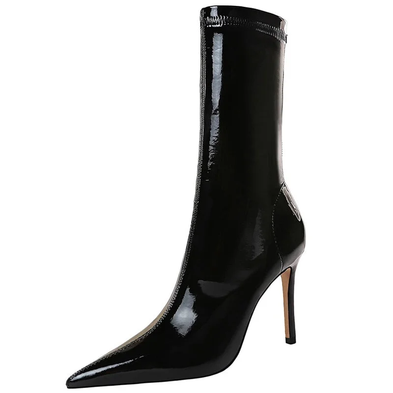 BIGTREE Shoes Patent Leather Mid-Calf Boots Women Sexy High-heel Boots Stiletto Women Elastic Leather Boots Autumn Winter Boots