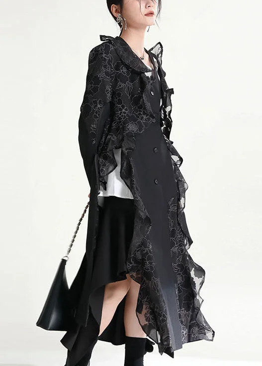 Chic Black Asymmetrical Ruffled Patchwork Tulle Trench Coats Fall