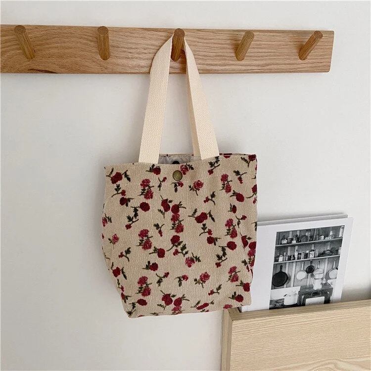 Literary Corduroy Women's Bag 2022 New Trend Daisy Print Handbags Lunch Box Casual Buckle Small Square Bag Small Shopping Bag