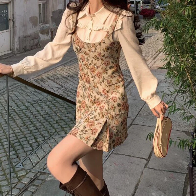 Toloer Toloer Fake Two Piece Dress Women Floral Print Vintage Party Mini Dress Female Korean Style Retro Designer Slim Chic Dress 2023 1127-0-Outfit Ideas