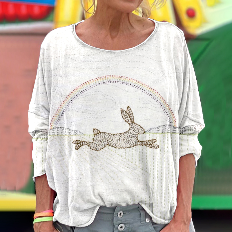 Comstylish Women's Bunny Embroidery Art Long Sleeve T-shirt