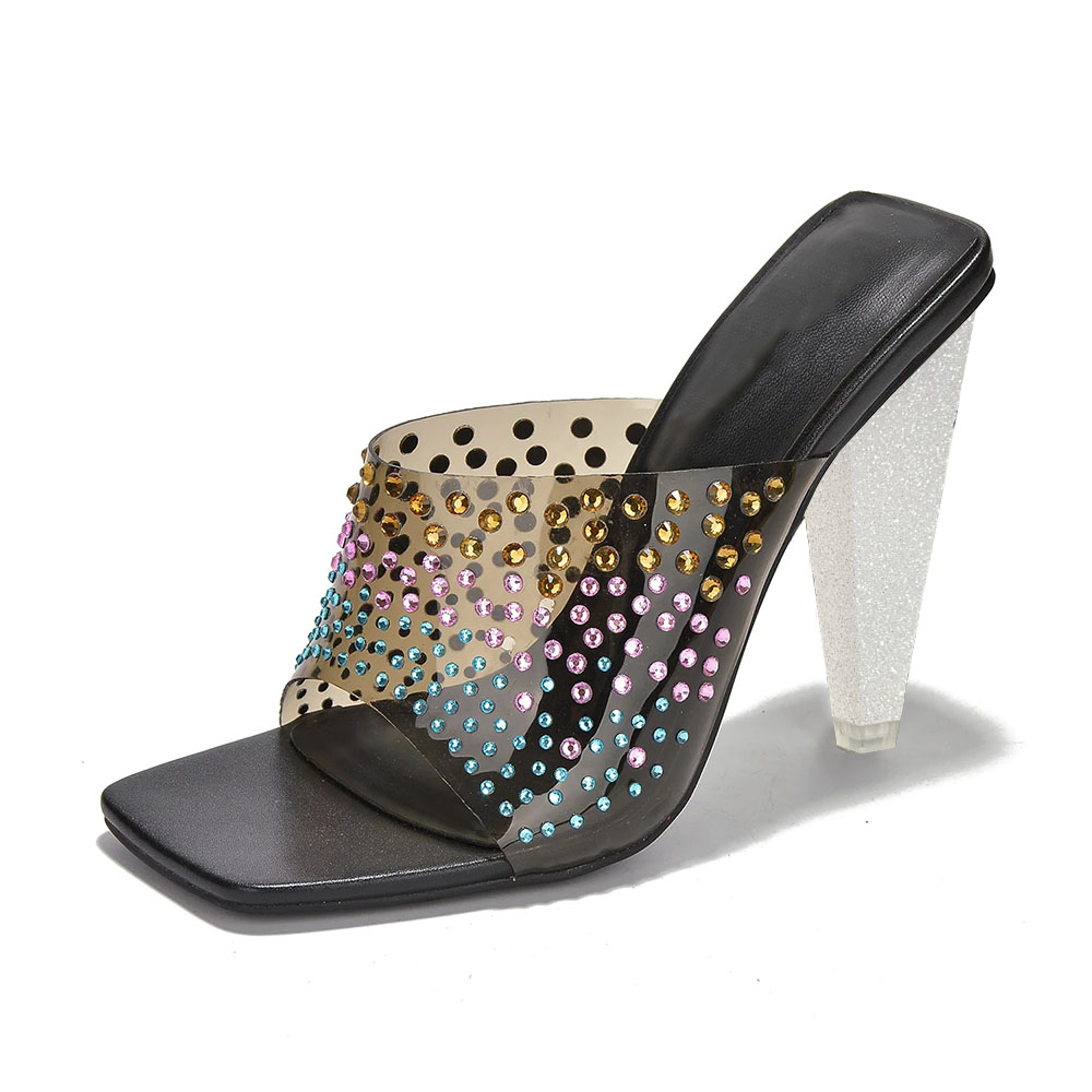 Black & Clear Square Toe 4'' Chunky Heel Rhinestone Wide Band Mules Nicepairs