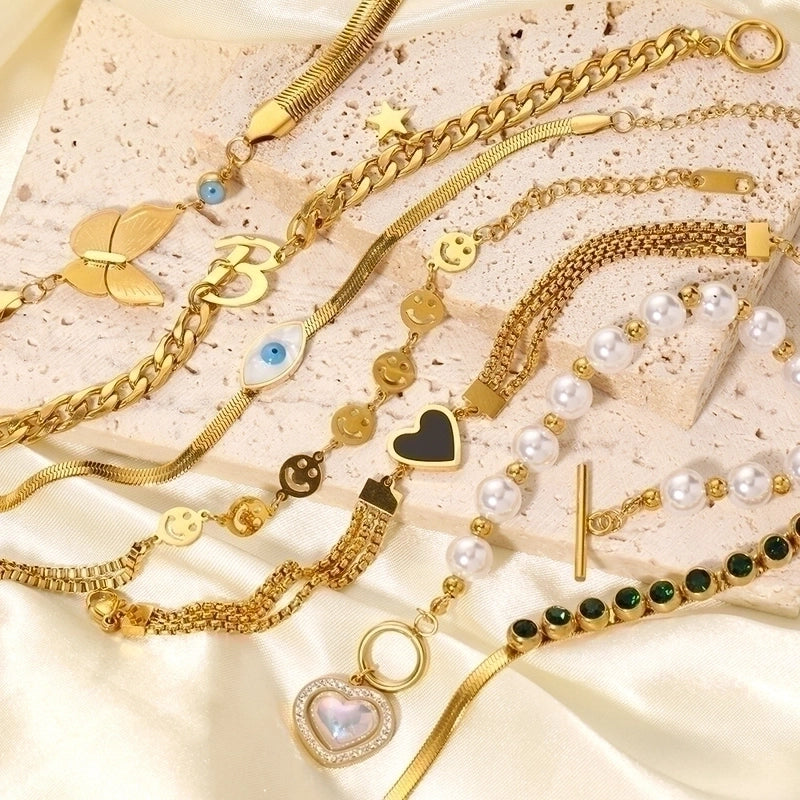 Fashion Geometric Stainless Steel 18K Gold Plated Rhinestones Shell Zircon Bracelets In Bulk