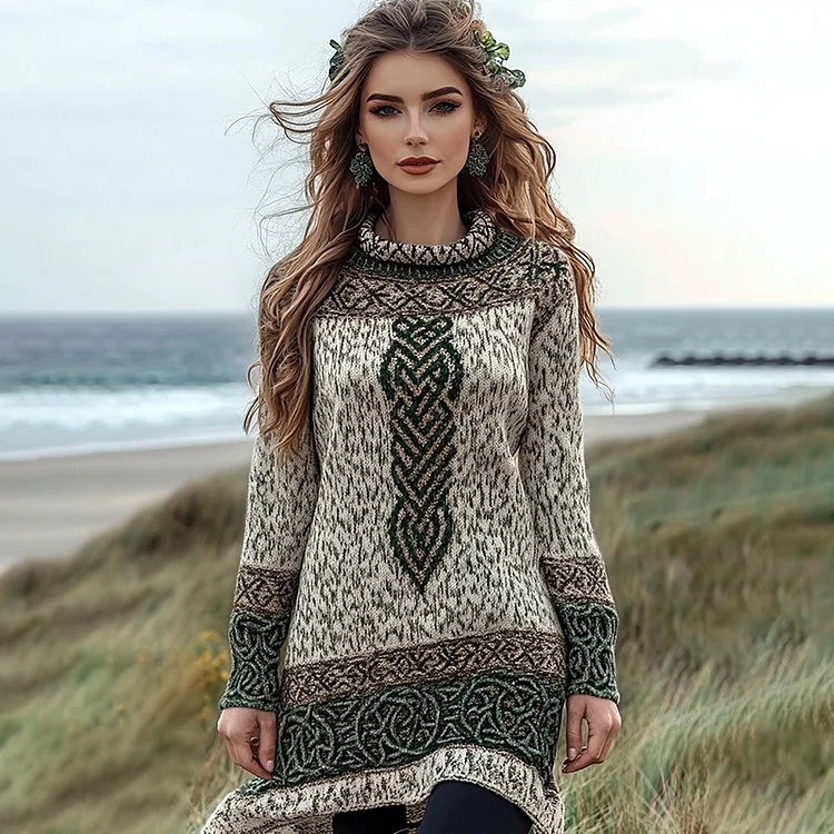 Women's Irish Celtic Knotted Jacquard Crew Neck Sweater Dress