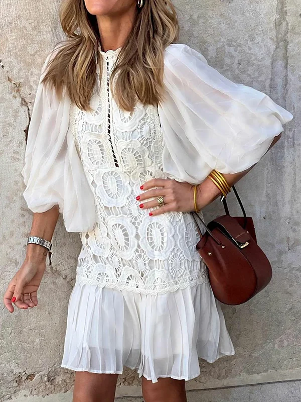 Bow-Embellished Solid Color Flared Sleeves Short Sleeves Round-Neck Mini Dresses