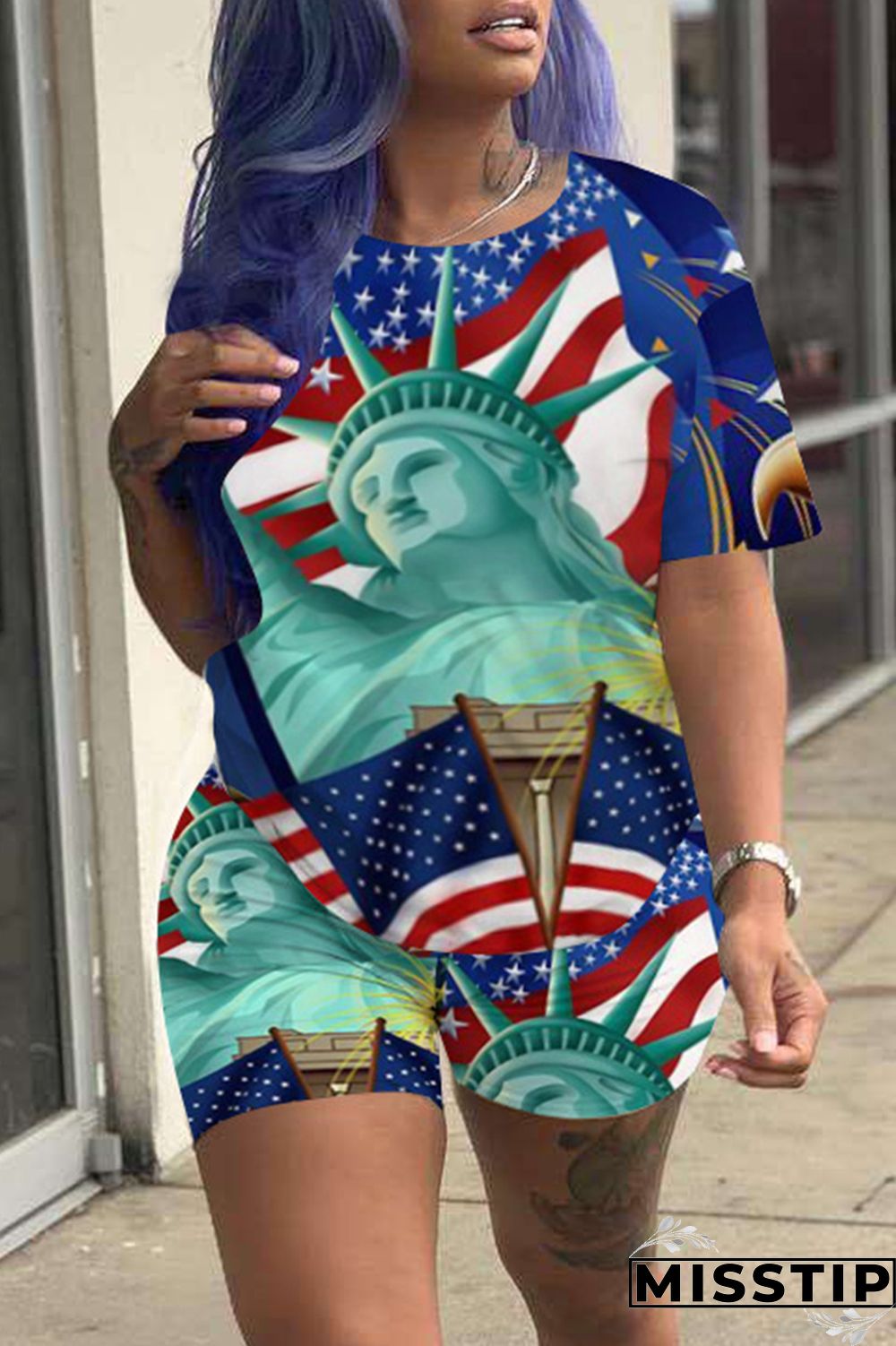 Red Fashion Casual Print Basic O Neck Short Sleeve Two Pieces