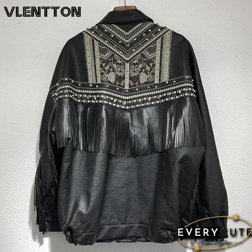 Spring Autumn Women Black PU Faux Leather Jackets Fashion Tassel Rivet Embroidery Biker Coats Female Casual Loose Outwear Tops