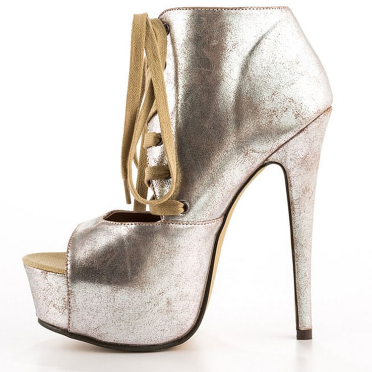Silver Lace up Heels Peep Toe Platform Ankle Boots High Heels Shoes |FSJ Shoes