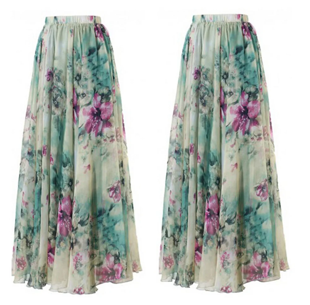 Huibahe Boho Women Floral Jersey Gypsy Long Maxi Full Skirt Summer Beach Sun Skirt Holiday Casual Fashion Skirt